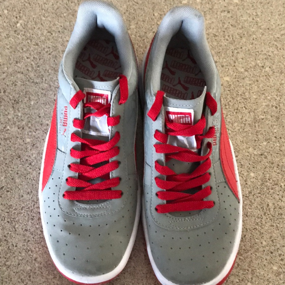 Grey and Red Puma shoes